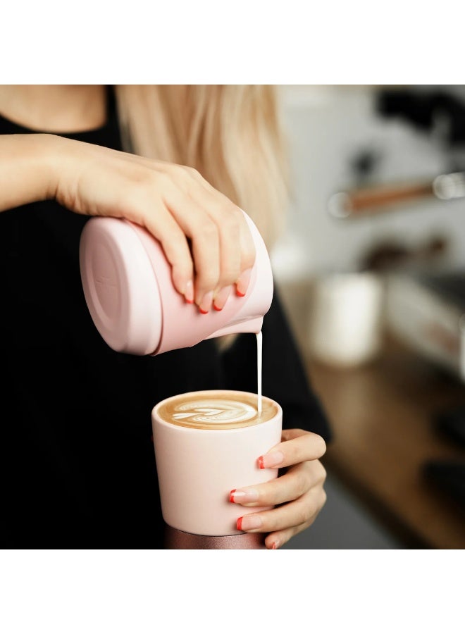MHW-3BOMBER GT Milk Pitcher Handle less, Pink – 400 ml Stainless Steel Latte Art Pitcher with Silicone Sleeve Grip, U-Shaped Spout, Dual Scale Markings and Ergonomic Design for Latte Art - Image 2